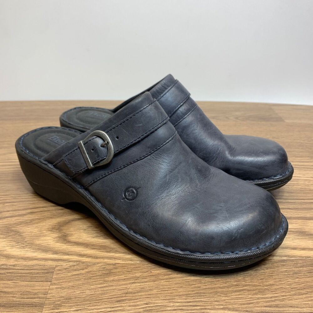 Born Womens Avoca Mule Size 10 Blue Leather Shoe Wedge Heel‎ Slip On Work Clog